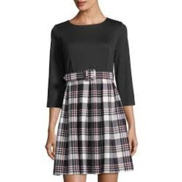 Eliza J Fit and Flare Tartan Plaid 3/4 Sleeve Belted Academia Mini Dress Size 10 - Picture 1 of 10